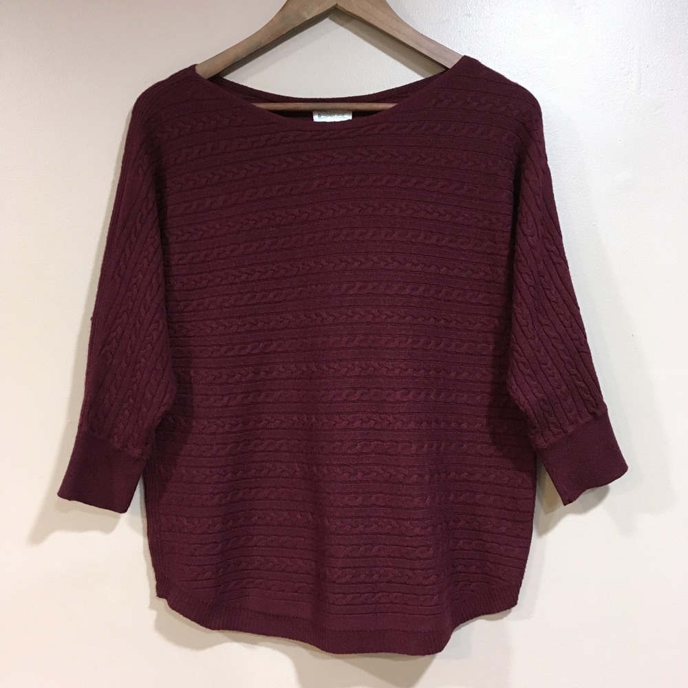 Market & Spruce Cable Knit Cashmere Blend Sweater Womens L Burgundy Old Money